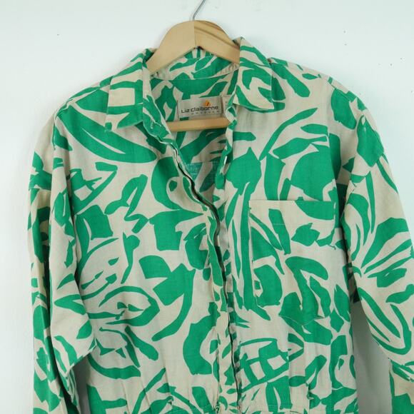 Vintage 80s Linen Blend Shirt Dress Modest Fit Flare 12 Resort Tropical Retro - Picture 4 of 12